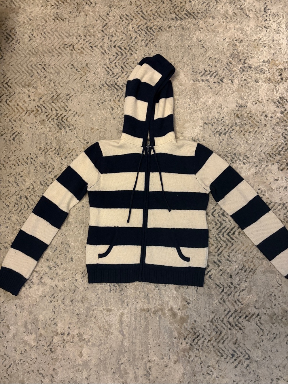 Brandy Melville Navy & White Striped Hooded Zip Sweater